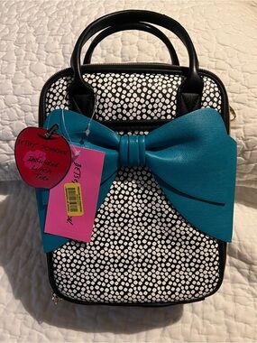 Betsey Johnson Black and White Polka Dot Insulated Lunch Tote with Teal Bow